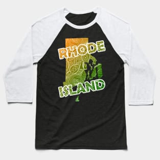 Colorful mandala art map of Rhode Island with text in green and orange Baseball T-Shirt